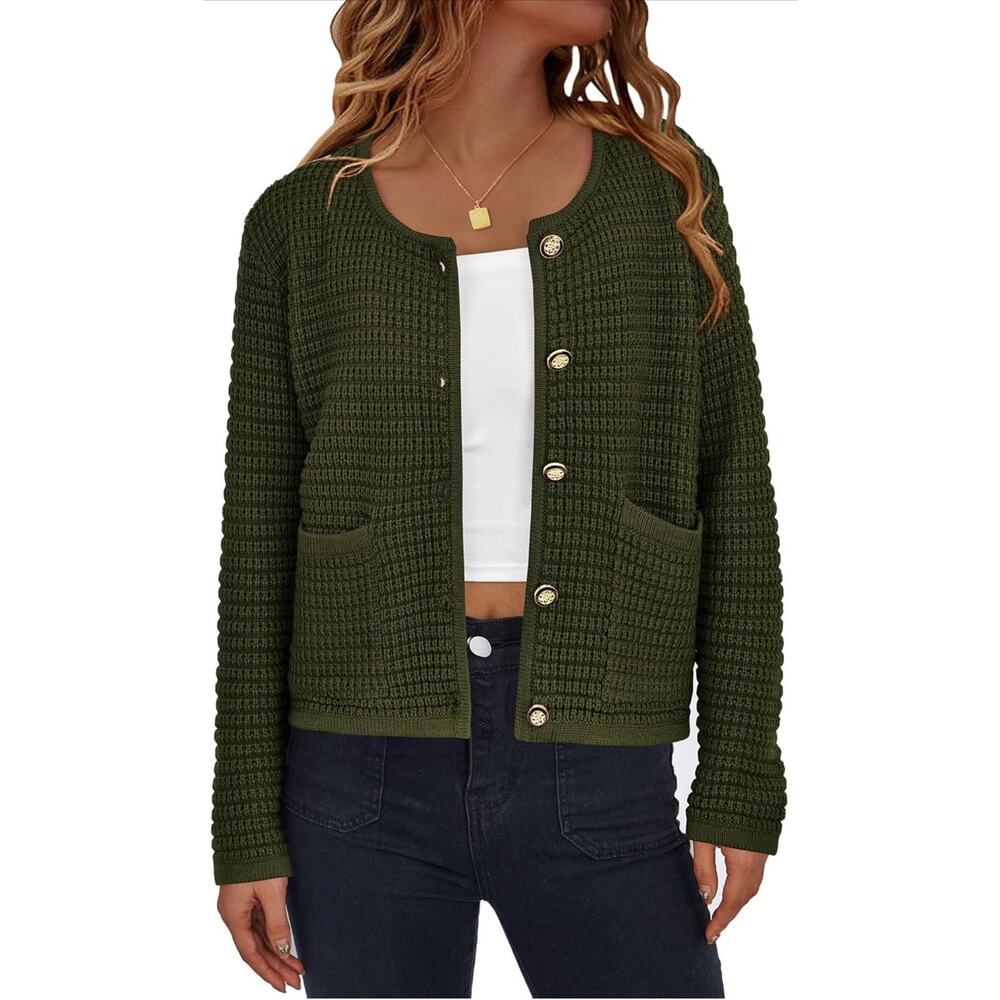 PRETTYGARDEN Army Green Knit Cardigan Sweater Women’s Size L Button Front Pocket
